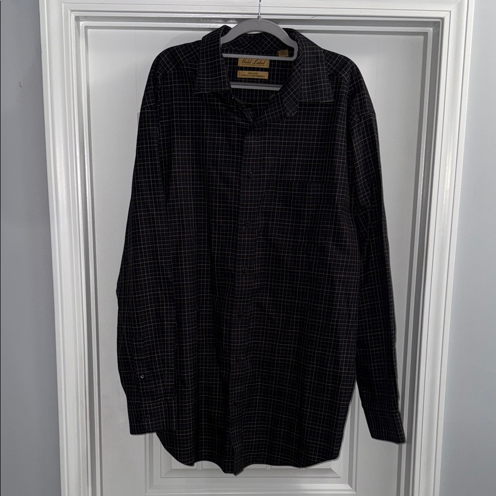 Roundtree & Yorke‎ Gold Label Shirt 2XT Black Grid Cotton Non-Iron Tall L/S